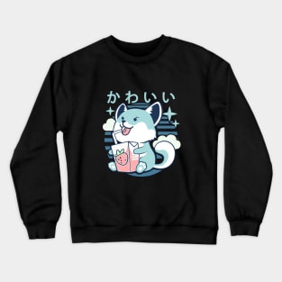 Kawaii Aesthetics Japanese Strawberry Milk Shake かわいい Fox - Blue - Strawberry Milk Crewneck Sweatshirt